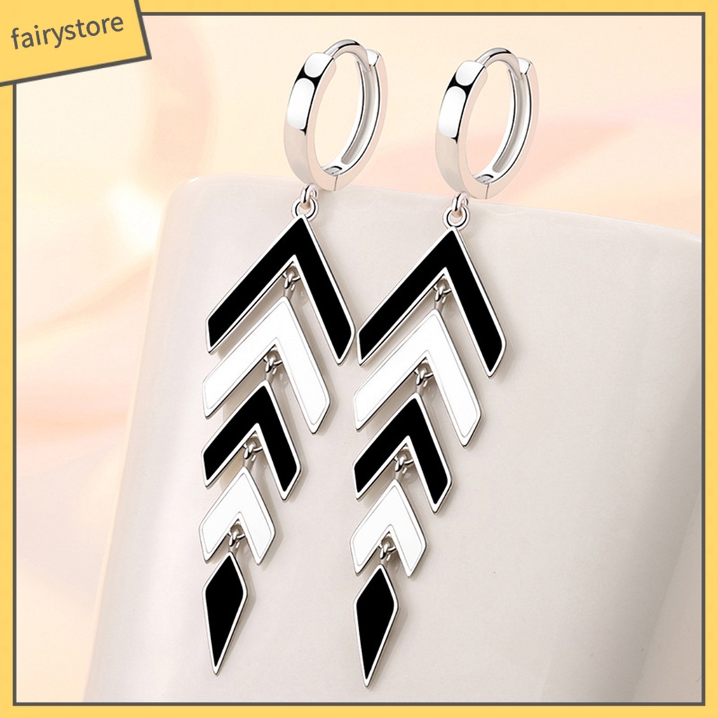 1 Đôi Bông Tai Hình Học Dáng Dài Màu Trắng Đen Phong Cách Retro
