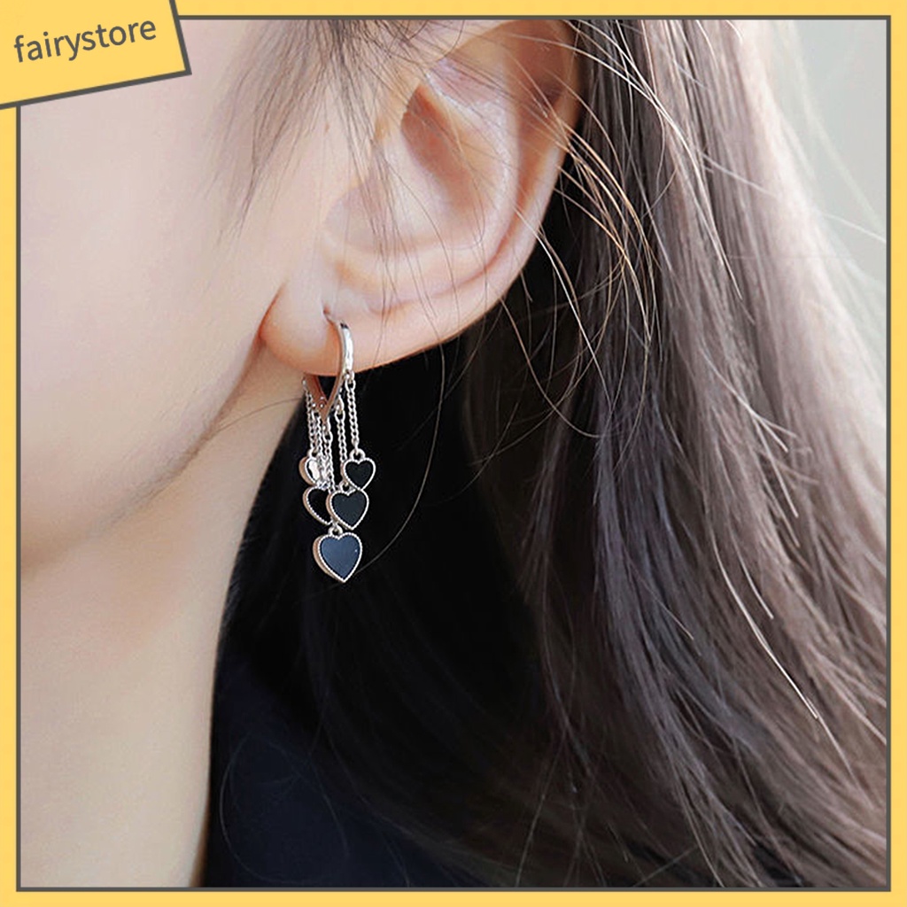 1 Đôi Bông Tai Tua Rua Hình Trái Tim Màu Đen Mạ Điện Thời Trang Cho Nữ