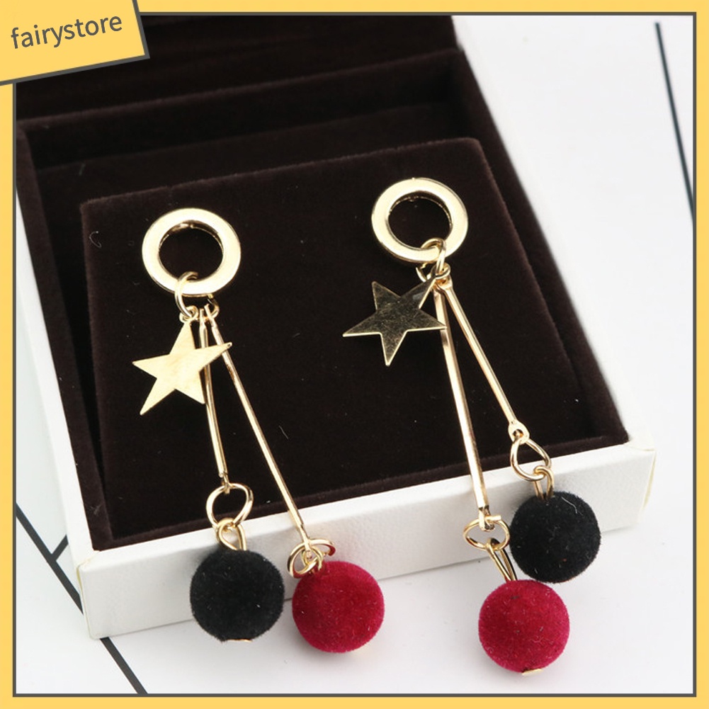 Khuyên Tai Dáng Dài Hình Ngôi Sao Năm Cánh Đính Quả Bông Đơn Giản Cho Nữ