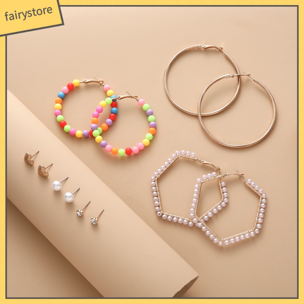 Set 6 Đôi Bông Tai Dạng Vòng Đính Đá Nhiều Màu Sắc Bằng Hợp Kim Cho Nữ