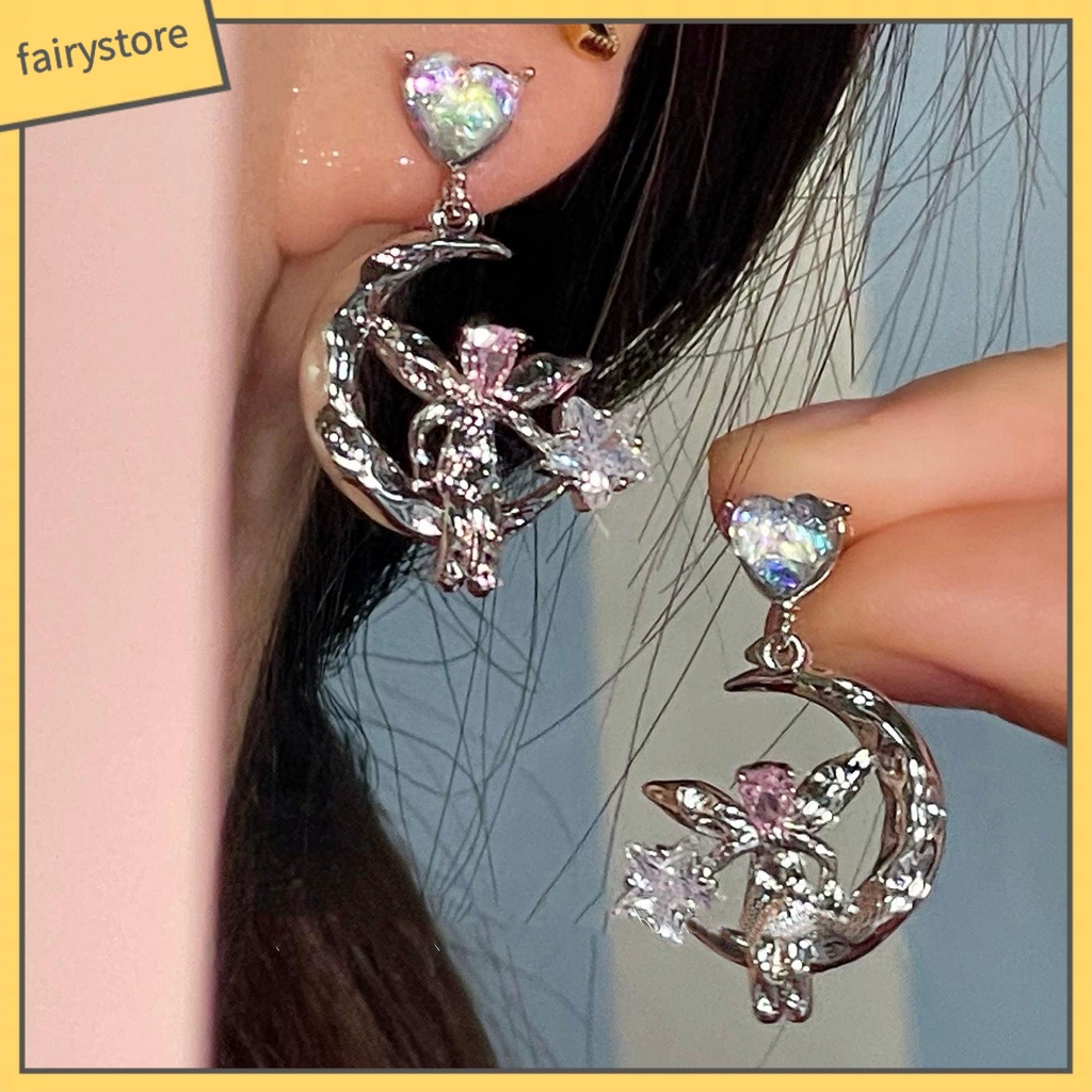 1 Đôi Bông Tai Hình Trái Tim Đính Đá Mặt Trăng Ngôi Sao Không Gây Dị Ứng Thời Trang