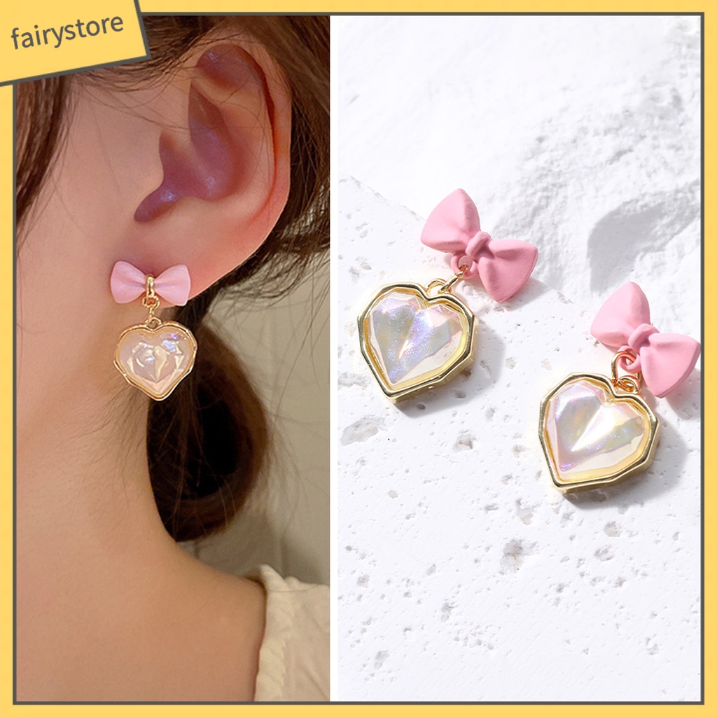 1 Đôi Bông Tai Hình Nơ / Trái Tim Đính Ngọc Trai Nhân Tạo Lấp Lánh Sang Trọng