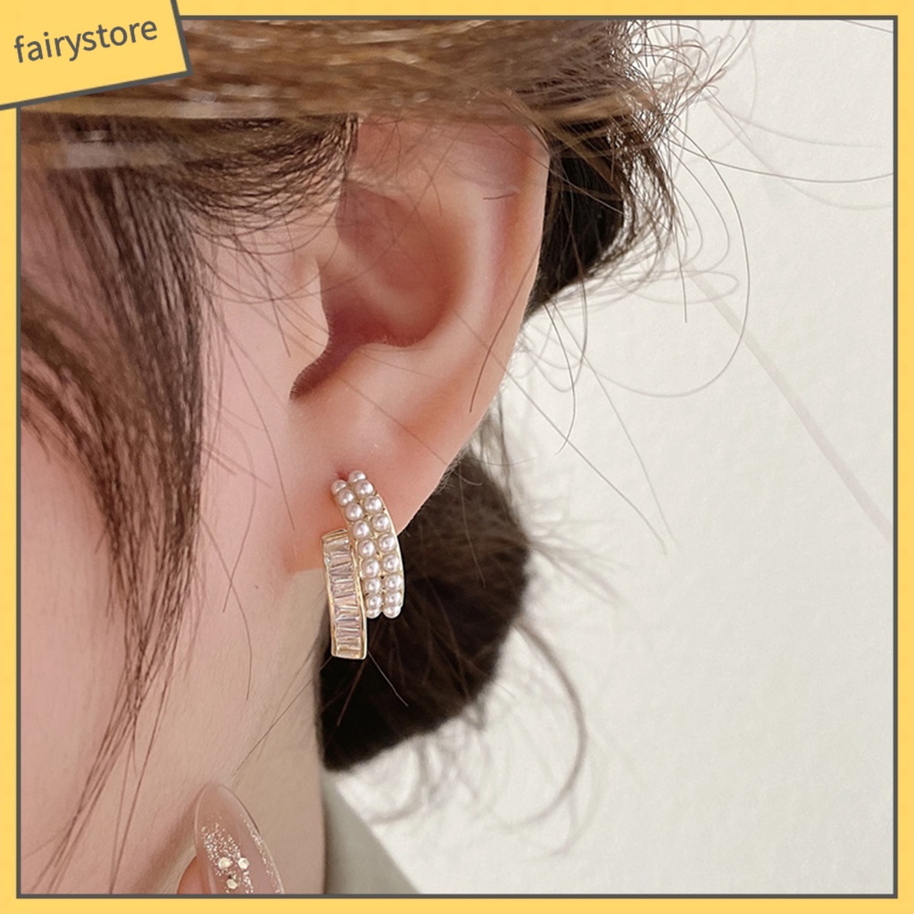 1 Đôi Bông Tai Ngọc Trai Giả Hai Lớp Đính Đá Lấp Lánh