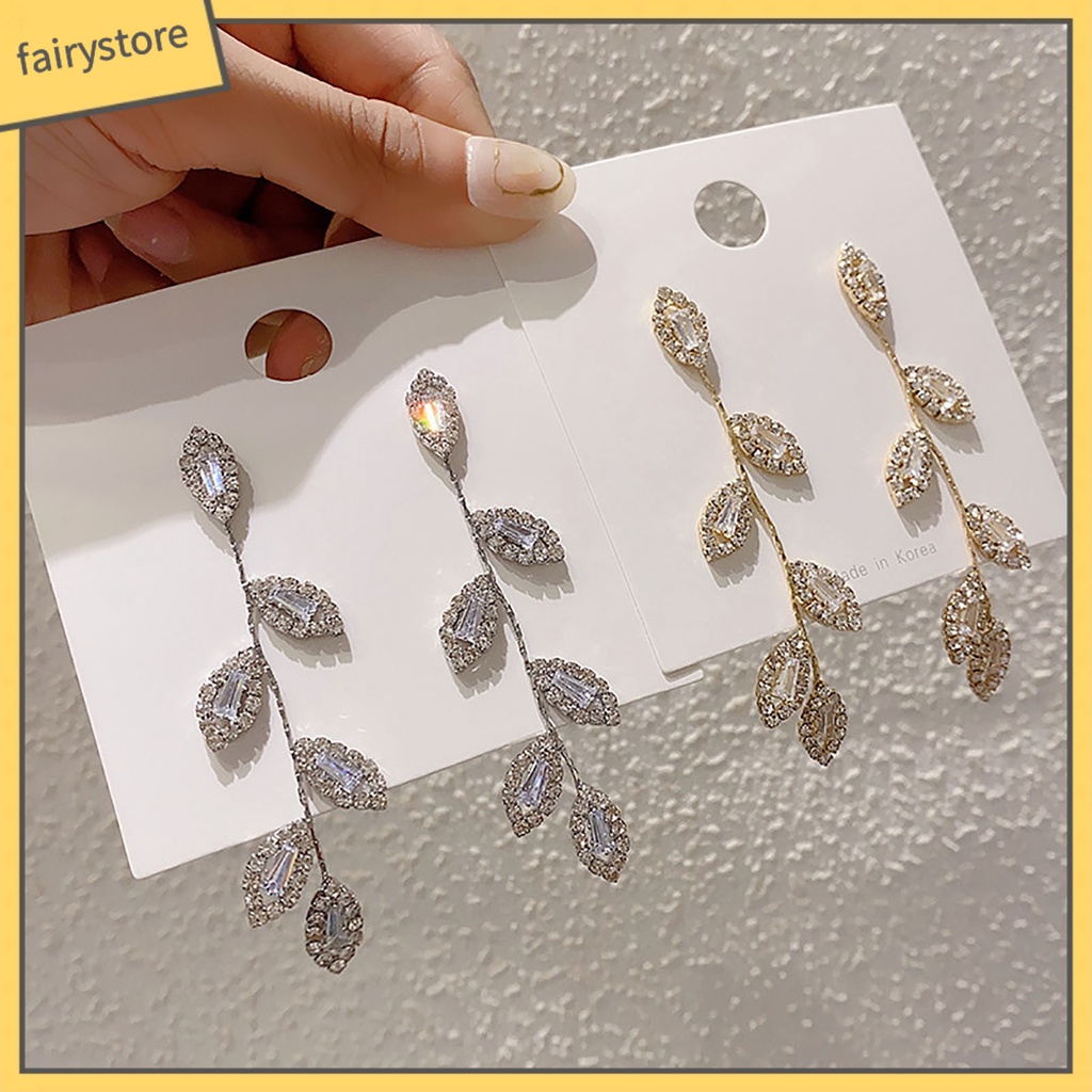 1 Đôi Bông Tai Hình Chiếc Lá Bằng Hợp Kim Đính Đá Zircon Dành Cho Nữ