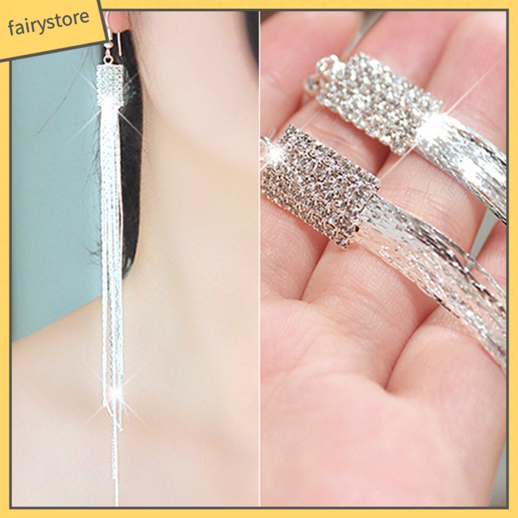 1 Cặp Bông Tai Dáng Dài Hình Vuông Đính Đá Phối Tua Rua Thời Trang Cho Nữ