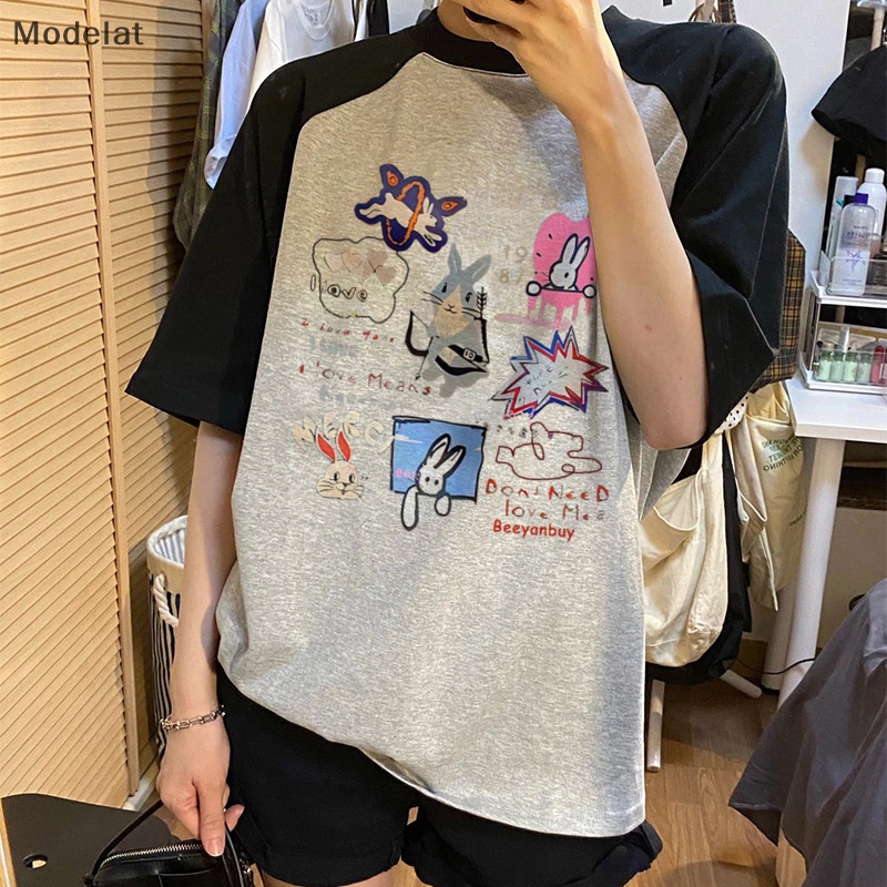 Mfc Áo Thun Mùa Hè Tay Cộc Phối Màu Tương Phản In Họa Tiết Cổ Điển WTD