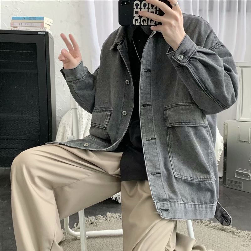 Áo Khoác Denim Dáng Rộng Phong Cách Retro Hong Kong Thời Trang Thu Đông Cho Nam