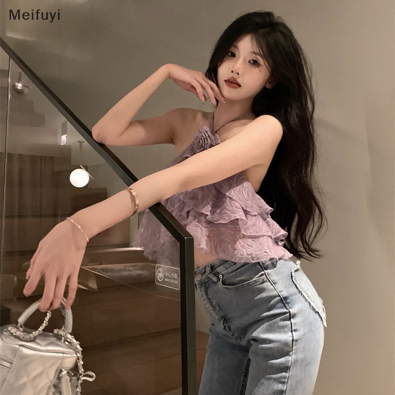 [Meifuyi] Áo Crop Top Dáng Ôm Ghép Vải Hoa Hồng Xếp Nếp Không Đối Xứng