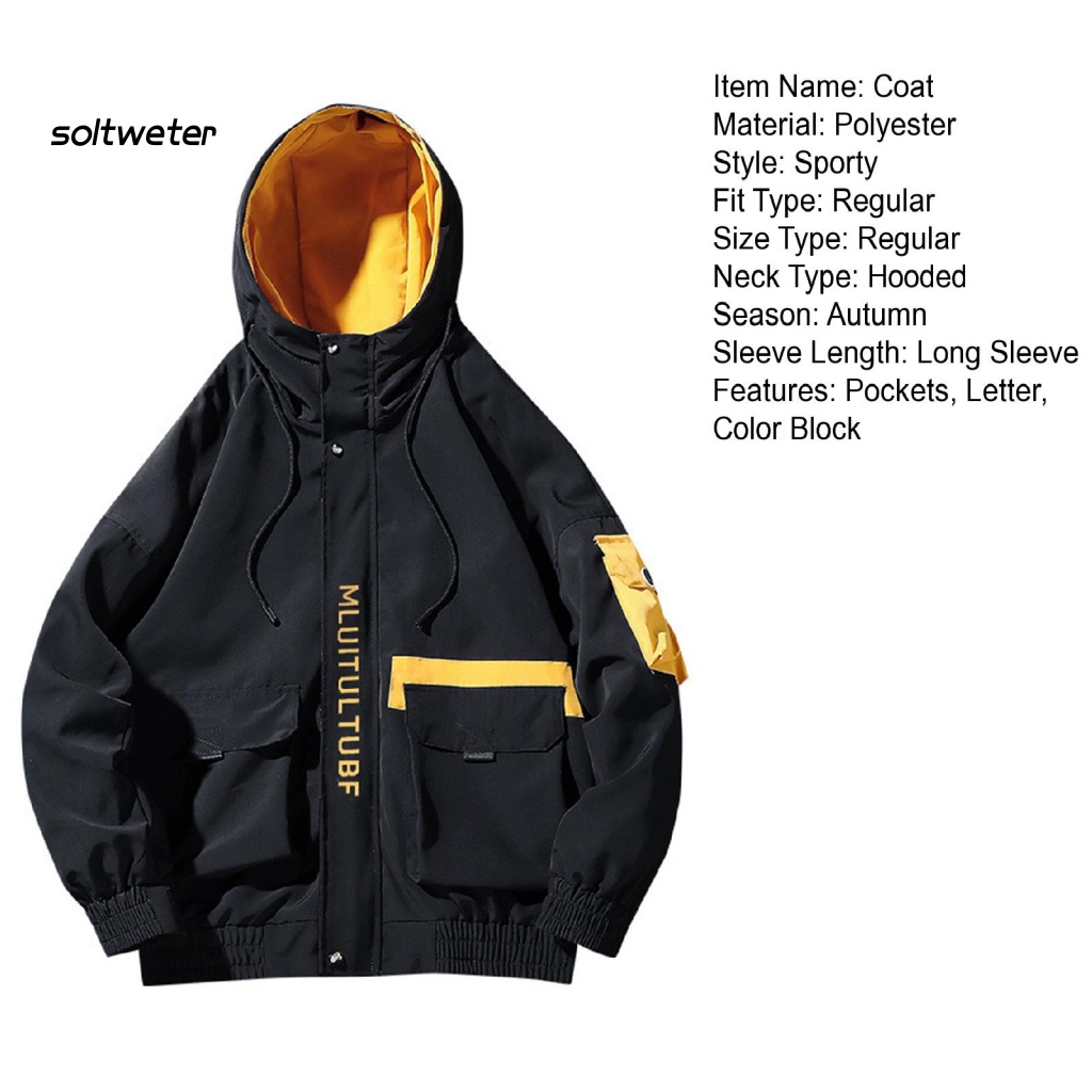 Áo Khoác Bóng Chày Có Mũ Trùm Phối Dây Rút Nhiều Túi In Chữ Màu Khối Thời Trang Mùa Thu Cho Nam