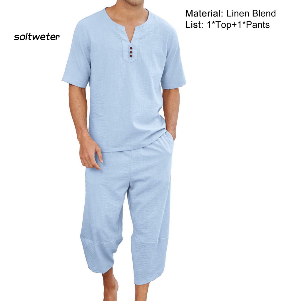 Set Đồ Mùa Hè 2 Món Gồm Áo Thun Cổ Chữ V Lưng Thun + Quần Dài Màu Trơn Cho Nam