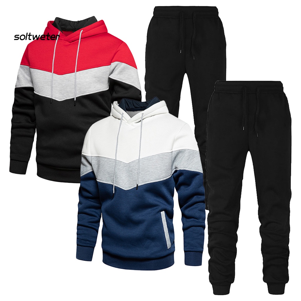 Set Áo Hoodie Dài Tay + Quần Dài Lưng Thun Phối Màu Sắc Thời Trang Đường Phố Cho Nam