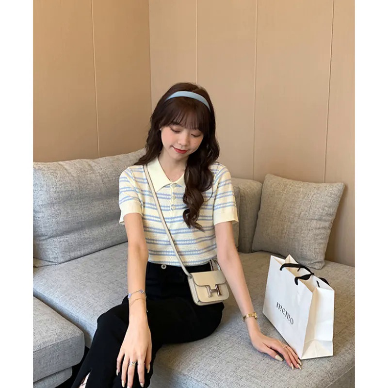 Áo Thun Polo Dệt Kim Tay Ngắn Họa Tiết Kẻ Sọc Thời Trang Mùa Hè Phong Cách Hàn Quốc Mới Cho Nữ