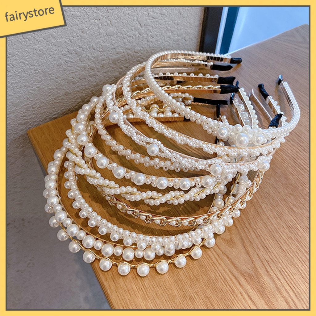 Băng Đô Cài Tóc Đính Ngọc Trai Nhân Tạo Màu Trơn Co Giãn Chống Trượt Trọng Lượng Nhẹ