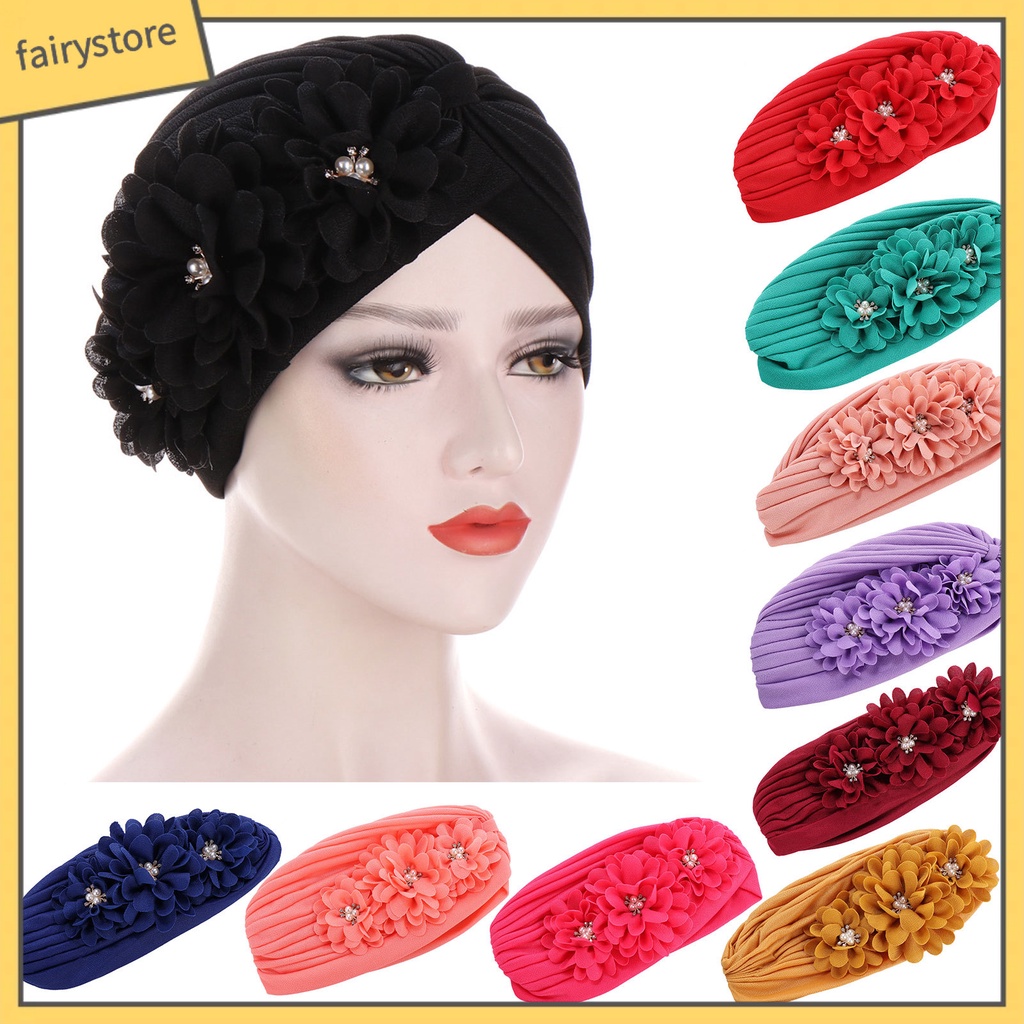 Mũ Turban Trùm Đầu Co Giãn Thiết Kế Ba Bông Hoa Thời Trang
