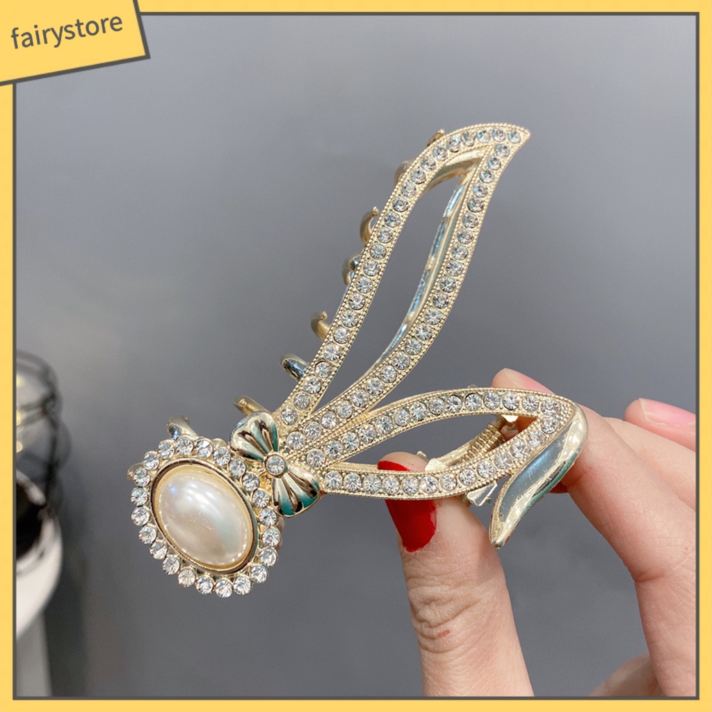 Kẹp Tóc Càng Cua Đính Đá Và Ngọc Trai Giả Hình Tai Thỏ Bằng Thép Không Gỉ