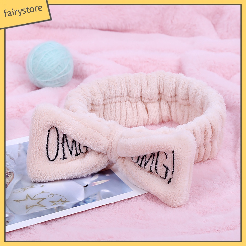 Băng Đô Nhung Lông Co Giãn Thêu Chữ Thắt Nơ Cho Nữ Rửa Mặt