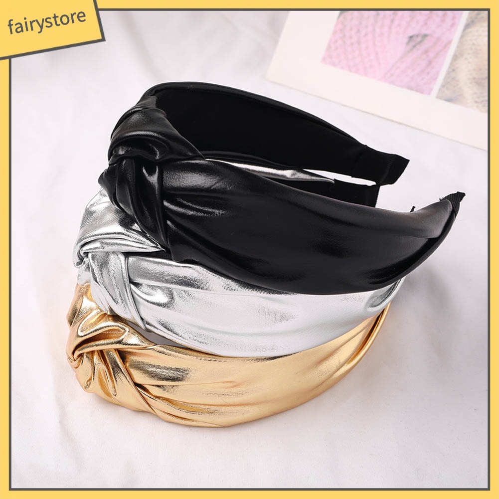 Băng Đô Cài Tóc Bản Rộng Giả Da Thắt Nút Màu Trơn Cho Nữ