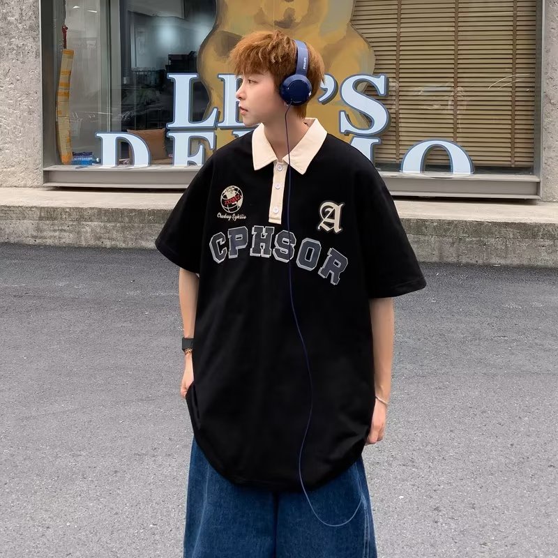 Áo Thun POLO Tay Ngắn Dáng Rộng In Chữ Phong Cách Đường Phố Mỹ Cá Tính Cho Nam