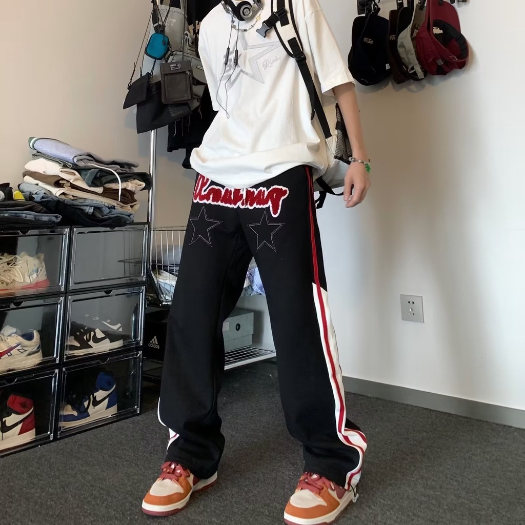 Quần Thể Thao Ống Đứng Kẻ Sọc Thêu Họa Tiết Phong Cách Đường Phố Mỹ Thời Trang Mùa Hè Cho Nam