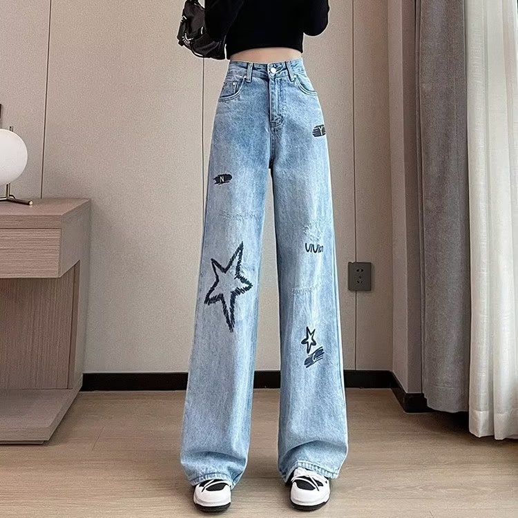 Quần Jeans Nữ Dài Lưng Cao Ống Rộng Thời Trang Hàn