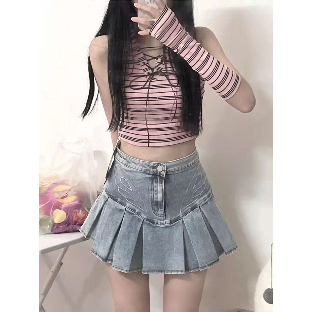 Y2k Chân Váy Jean Denim Ngắn Xếp Ly Thêu Họa Tiết Phong Cách Hàn Quốc Thời Trang Mùa Hè Cho Nữ
