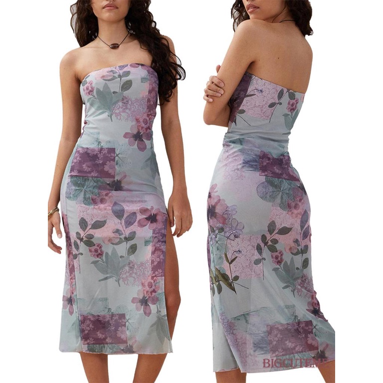 [] Đầm Ống Midi Không Tay Hở Lưng Dáng Ôm In Hoa Mùa Hè Cho Nữ