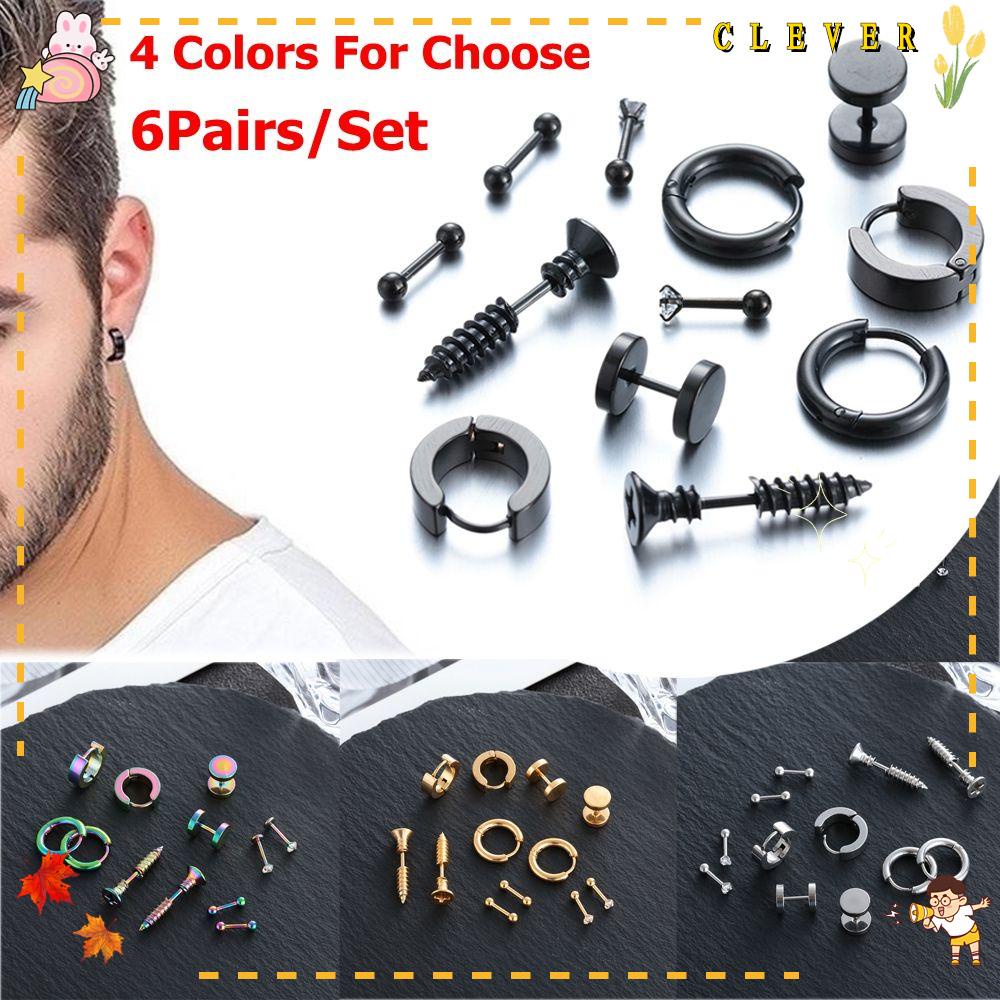 Set 6 Đôi Khuyên Tai Hình Quả Tạ Bằng Thép Không Gỉ Xỏ Sụn Màu Đen Phong Cách Gothic