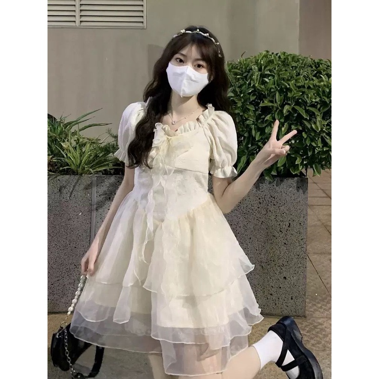 Đầm Cổ Vuông Tay Phồng Ngắn Dáng Ôm Phong Cách Hàn Quốc Thời Trang Mùa Hè Xinh Xắn Cho Nữ