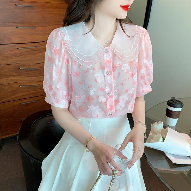 Áo Sơ Mi Chiffon Tay Ngắn Cổ Búp Bê In Họa Tiết Hoa Mẫu Mới 2023 Thời Trang Mùa Hè Cho Nữ