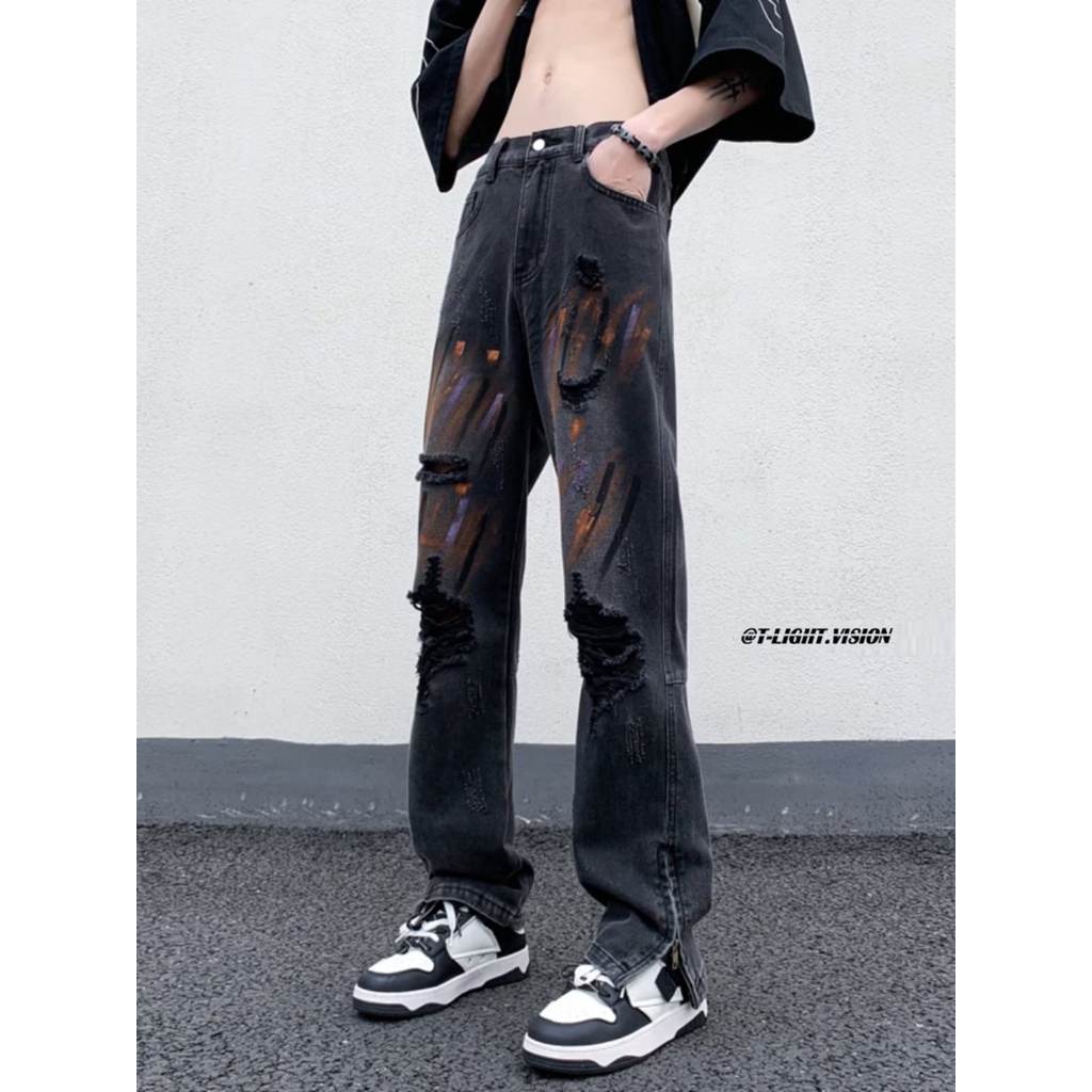 Quần Jean Dài Rách Phối Khóa Kéo Phong Cách Hip Hop Thời Trang Mùa Hè Cá Tính Cho Nam