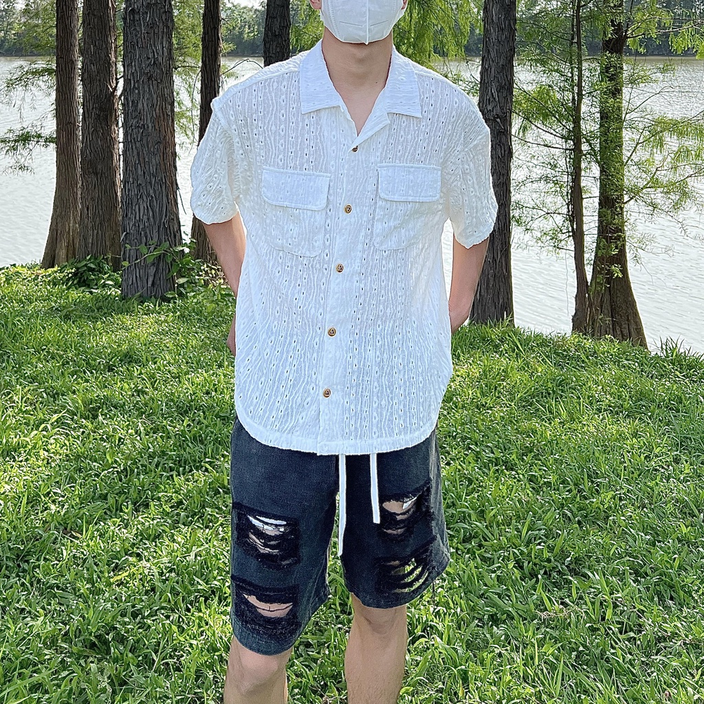 Áo Sơ Mi Ngắn Tay Màu Sắc Đơn Giản Phong Cách Harajuku Nhật Bản Cho Nam