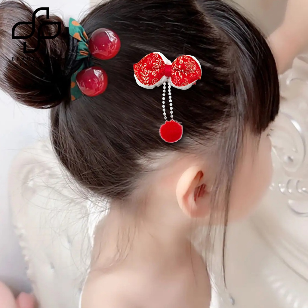Bộ 2 Kẹp Tóc Nơ Đính Bóng Lông Tua Rua Đỏ Phong Cách Trung Hoa Cổ Điển Mừng Năm Mới Cho Bé Gái