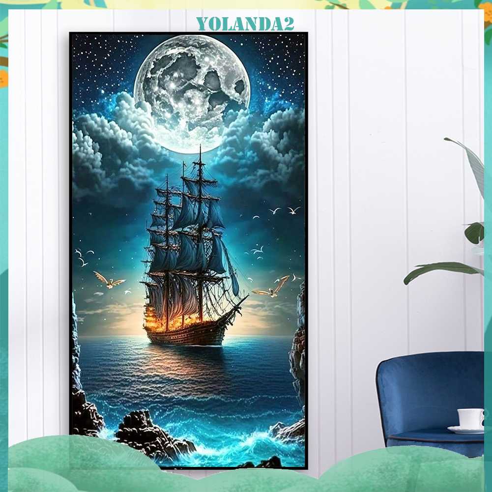 Tranh Đính Đá Kim Cương Toàn Bộ 5D DIY Hình Vẽ Thuyền Buồm Trang Trí Nhà Cửa