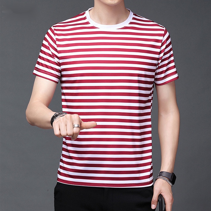 Áo Thun Tay Ngắn Cổ Tròn Kẻ Sọc Ngang Dáng Rộng Thời Trang Cho Nam