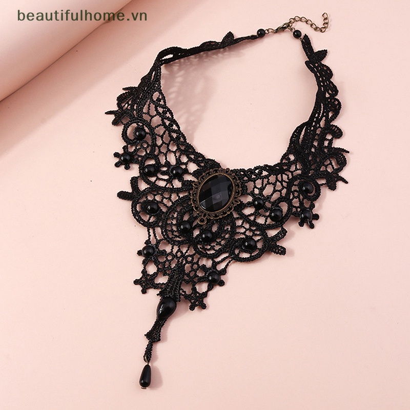 Vòng Cổ Choker Ren Đính Hạt Đá Quý Màu Đen Phong Cách Gothic Quyến Rũ Làm Quà Tặng Đẹp Cho Phụ Nữ [beauty]