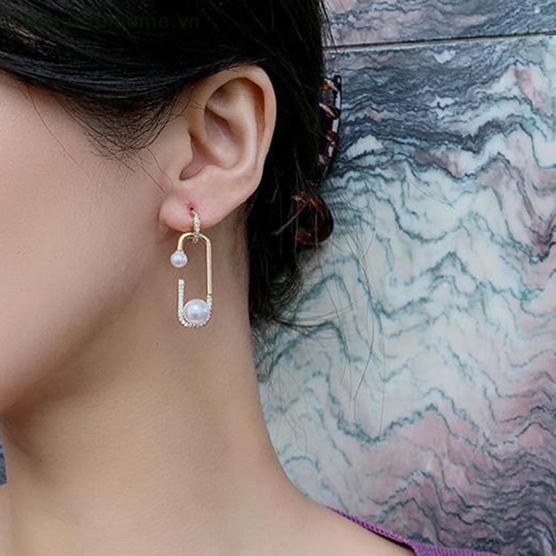 Bông Tai Ngọc Trai Dạng Dài Hình Ghim Bất Đối Xứng Thời Trang Hàn Quốc Cho Nữ