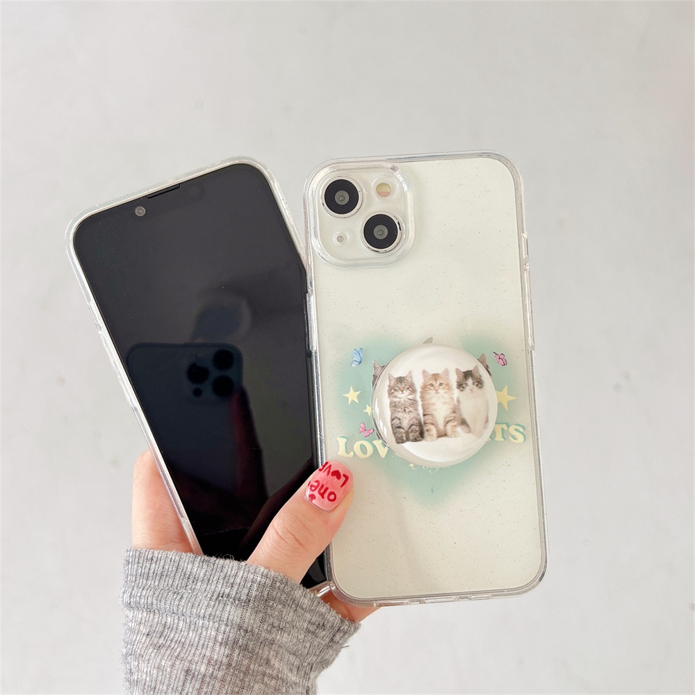Ốp Điện Thoại TPU Dẻo Trong Suốt Họa Tiết Chú Mèo Dễ Thương Chống Sốc Kèm Giá Đỡ Cho iPhone 11 13 12 14 Pro Max