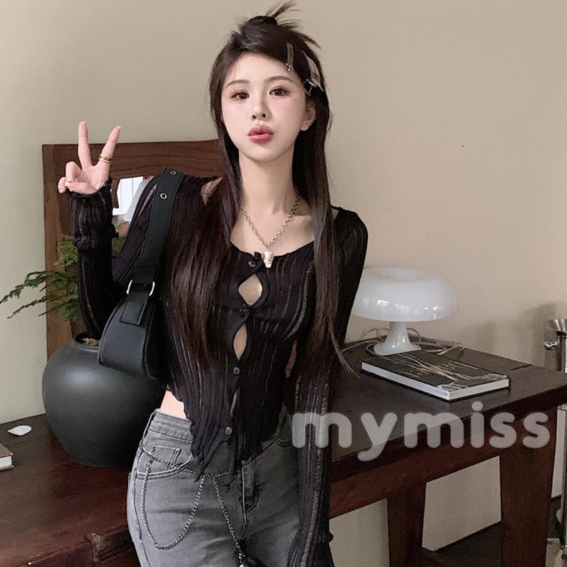 Mymiss1-áo Khoác Cardigan Dệt Kim Tay Dài Chống Nắng Dáng Ôm Màu Trơn Cài Nút Cắt Chéo Vạ