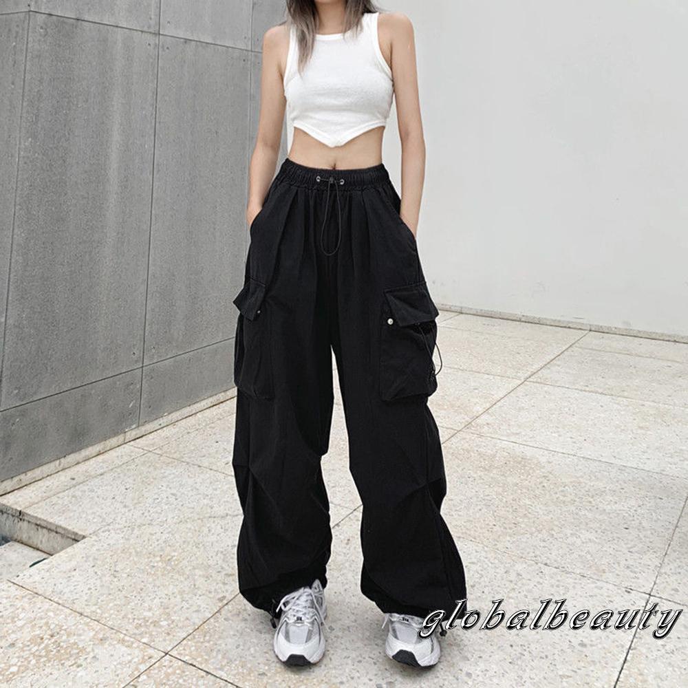 Quần Dài Dáng Rộng Màu Trơn Lưng Thun Phối Túi Thời Trang Đường Phố Cho Nữ