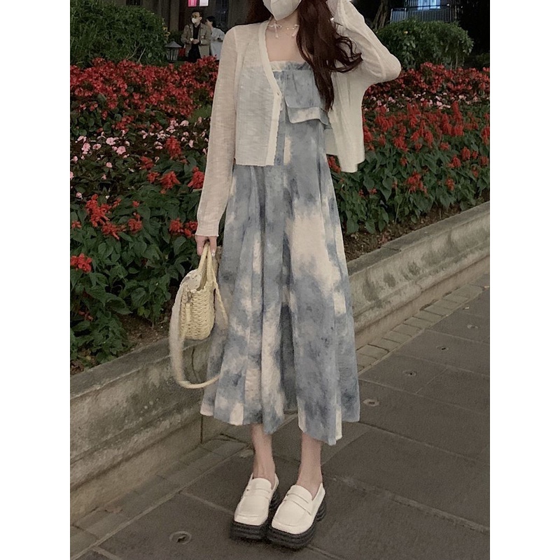 Set Đầm Hai Dây Nhuộm Màu + Áo Khoác Cardigan Mỏng Chống Nắng Phong Cách Ngọt Ngào Thời Trang Xuân Hè Cho Nữ