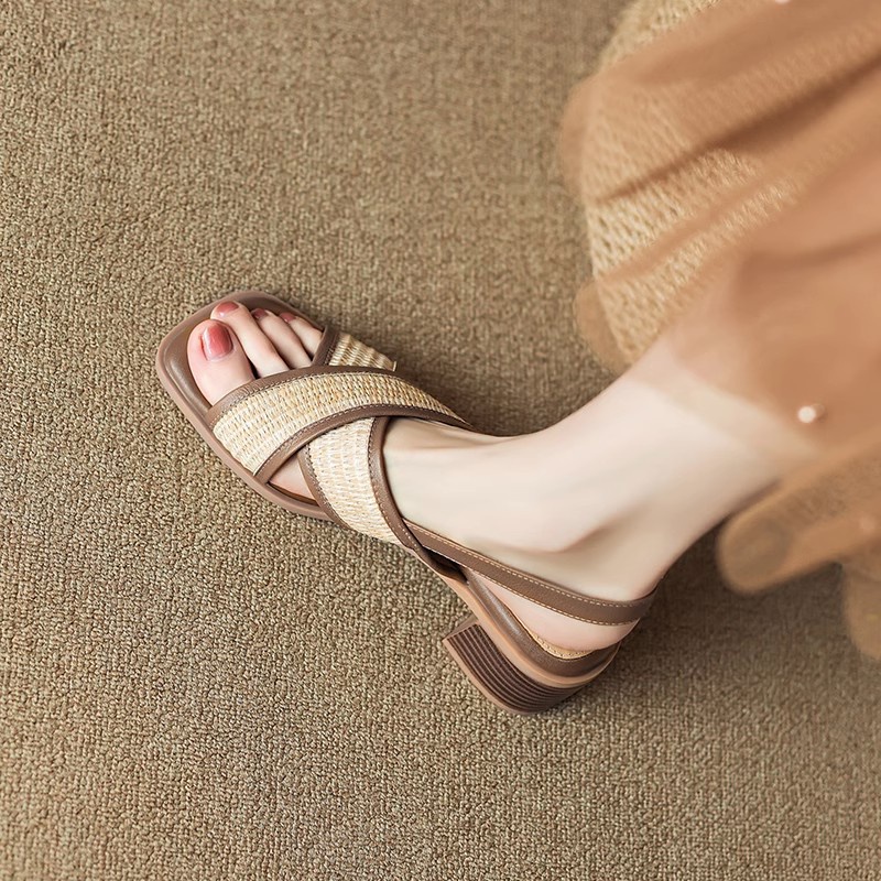 Duoya Factory Thẳng Hàng ~ [Hàng Có Sẵn] Giày Sandal Gót Dày Mềm Dây Chéo Màu Sắc Dành Cho Nữ Miễn Phí Vận Chuyển