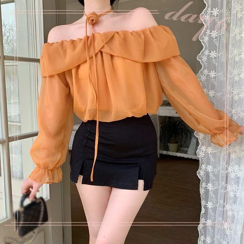 Áo Sơ Mi Chiffon Tay Dài Trễ Vai Dáng Ôm In Họa Tiết Hoa Xinh Xắn Thời Trang Cho Nữ