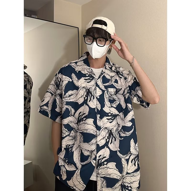 {GRNL} Áo Sơ Mi Tay Ngắn Dáng Rộng Năm Tấc Họa Tiết Vẽ Tay Tự Nhiên Thoáng Khí Retro Cho Nam Và Nữ