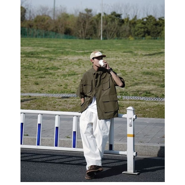 Áo Sơ Mi Ngắn Tay Dáng Rộng Nhiều Túi Màu Sắc Thời Trang Mùa Hè Nhật Bản Dành Cho Nam