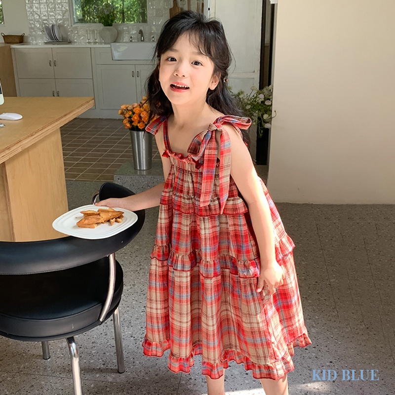 Đầm Tầng Thắt Nơ Họa Tiết Caro Ngọt Ngào Thời Trang Mùa Hè Phong Cách Hàn Quốc Cho Bé Gái