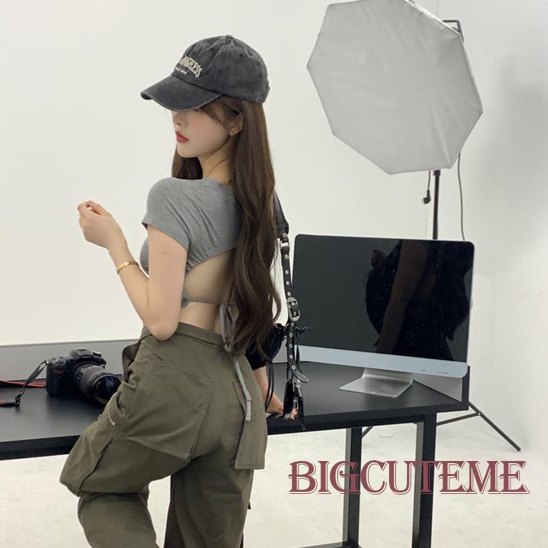 [] Áo Thun Crop Top Tay Ngắn Hở Lưng Màu Trơn Buộc Dây Co Giãn Mùa Hè Cho Nữ