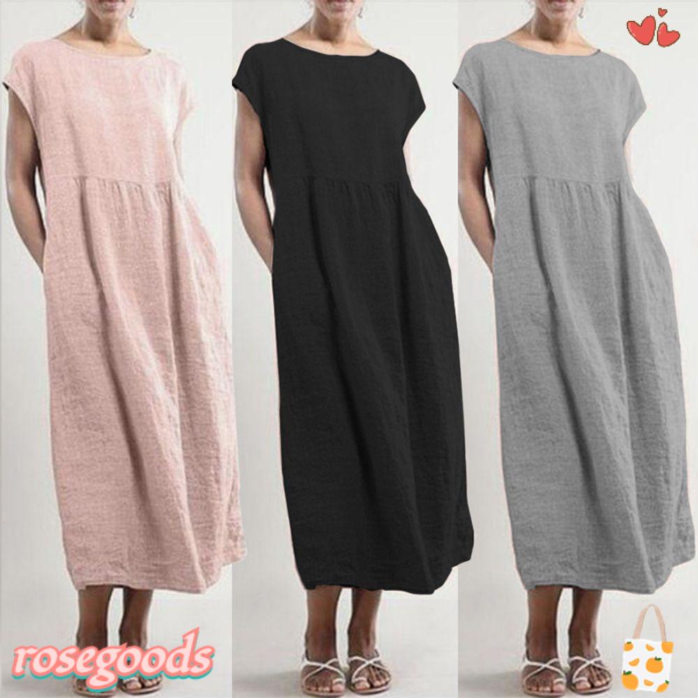 Đầm Dài Vải Lanh Cotton Plus Size Tay Ngắn In Hình Hoa Hồng