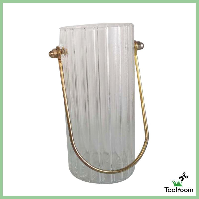 Bình Hoa Thủy Tinh Trong Suốt Hình Trụ Với Tay Cầm Kim Loại