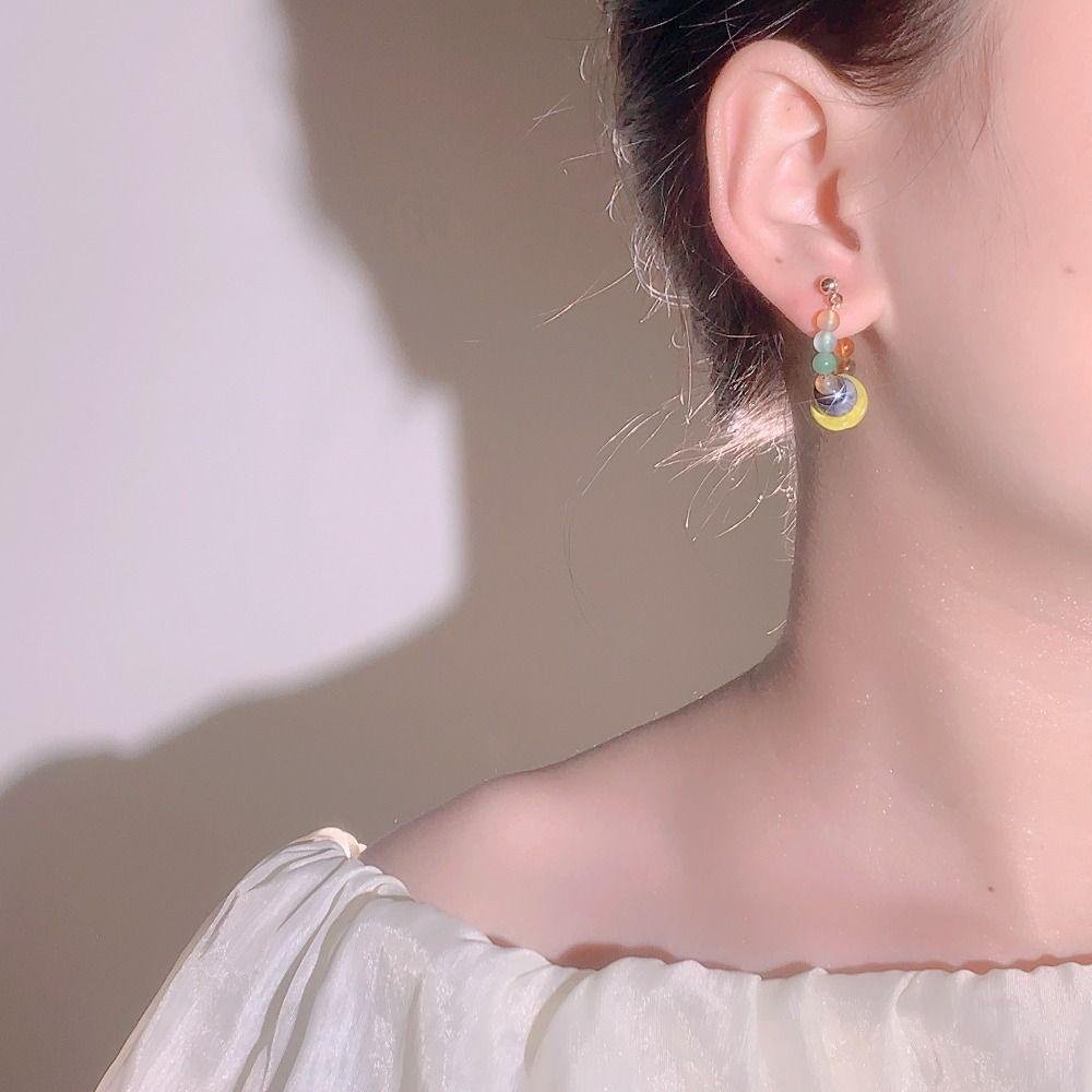 Khuyên Tai Tròn Đính Hạt Nhiều Màu Phong Cách Bohemia Hàn Quốc