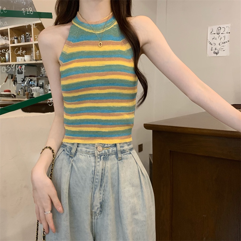 Nzn Áo crop Top Hai Dây Ôm Dáng Họa Tiết Kẻ Sọc Tương Phản Thời Trang Mùa Hè Mới